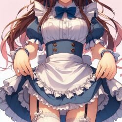 1girls ai_generated brown_hair clothed clothing clothing_lift head_out_of_frame long_hair maid maid_apron maid_headdress maid_outfit maid_uniform teasing