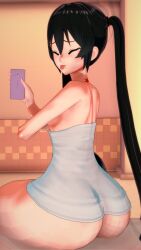 1girls ass back_view bathroom black_hair breasts indoors latam_virtual_youtuber long_hair shai_zoe shaizoe_ shaizoe_(character) small_breasts tagme thighs towel twintails virtual_youtuber vtuber