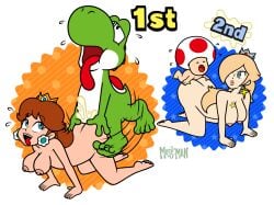 2boys 2girls accurate_art_style all_fours artstyle_imitation blonde_hair breasts brown_hair cum cum_inside dinosaur doggy_style ejaculation female green_skin green_yoshi human interspecies male male/female mario_(series) mario_party nintendo nipples nude nude_female princess_daisy princess_rosalina super_mario_bros. tagme the_moss-man to toad_(mario) tongue tongue_out yoshi