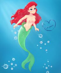 2024 absurd_res ariel blush breasts bubble clothed clothing disney farwen female fish genitals hair hi_res hybrid long_hair marine merfolk mermaid_tail nipples nude pussy split_form the_little_mermaid topless underwater water