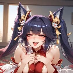 1girls ai_generated ai_hands big_ass big_breasts black_hair breasts dreambuild female fox_ears fox_girl fox_tail giselle_(project_qt) hair_ornament hakama hakama_skirt hands_on_breasts large_ass large_breasts lewd looking_at_viewer miko miko_outfit naughty_face project_qt purple_hair red_dragon red_eyes red_hair smile solo solo_female solo_focus tongue tongue_out twintails two_tone_hair