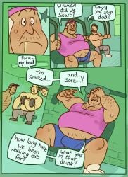 balls bulge bunbunny_(artist) chubby_male clothing comic discord_(app) father_and_son flaccid group group_sex gym male male/male male_only overweight_male penis sitting smallsrabbit speech_bubble sweat sweat_stain sweating