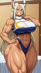 1girls 2d abs ai_generated animal_ears bangs bed boku_no_hero_academia breasts crop_top dark-skinned_female dark_skin grin hand_on_hip highleg large_breasts long_eyelashes long_hair looking_at_viewer miruko muscular muscular_female my_hero_academia navel parted_bangs pointing pointing_at_self rabbit_ears rabbit_girl red_eyes self_upload sleeveless smile solo teeth thick_thighs thighs unjobdespiert usagiyama_rumi white_hair