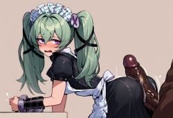 ai_generated assjob buttjob corin_wickes dark-skinned_male green_hair grinding hot_dogging hotdogging huge_cock hyper_penis maid maid_apron maid_dress maid_outfit petite_female twintails victoria_housekeeping will_of_ai zenless_zone_zero