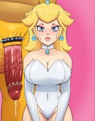 1boy 1girls anthro balls big_penis blonde_hair blue_eyes bowser breasts cleavage cock_ring crown cum cumdrip duo ear_piercing faceless_male female genitals hourglass_figure huge_cock human koopa lipstick looking_at_viewer makeup makeup_running male mario_(series) nintendo penis princess_peach smiling straight unseen_male_face voluptuous voluptuous_female yolkiin