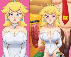 1girls 4boys after_fellatio after_sex anthro ape balls before_and_after big_penis blonde_hair blue_eyes bowser breasts cleavage clothing crown cuckold cum cum_on_breasts cum_on_face donkey_kong donkey_kong_(series) faceless_male female furry gorilla green_penis green_yoshi huge_cock human koopa large_penis lipstick looking_at_viewer luigi male mario_(series) massive_penis necktie nintendo penis primate princess_peach runny_makeup smile straight unseen_male_face vibrator vibrator_in_pussy voluptuous voluptuous_female yolkiin yoshi