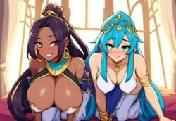 2girls ai_generated all_fours bed bedroom black_hair blue_hair crawling dark-skinned_female dark_skin fantasy huge_breasts light-skinned_female looking_at_viewer mullon novelai original purple_hair sweat take_your_pick