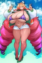 1girls acraeaaconite bikini blush high_heels huge_breasts looking_at_viewer multicolored_hair original original_character peace_sign short_shorts smile