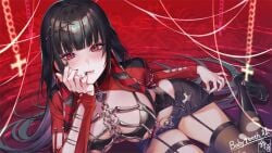 1girls babyteeth_(babyteethbites) black_hair black_nails blush breasts character_name clothed clothing female female_only hair_ornament huge_breasts indie_virtual_youtuber light-skinned_female light_skin monster_girl red_eyes shorts solo suzuhiro vampire vampire_girl virtual_youtuber