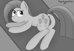 above_view anus cutie_mark earth_pony equine female female_only feral friendship_is_magic fur hair looking_aside lying mammal monochrome my_little_pony on_side pinkie_pie_(mlp) pony pussy regenbogenflitzer solo straight_hair tagme tail