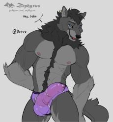 animal_genitalia animal_penis anthro balls bulge canid canine canine_genitalia canine_penis canis clothing dravu fur genitals knot male mammal muscular muscular_anthro muscular_male nipples pecs penis solo underwear wolf zephyxus