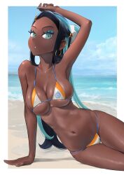 aqua_hair arm_support arm_up beach bikini black_hair blue_eyes border breasts dark-skinned_female dark_skin earrings female female_focus female_only highres hoop_earrings human human_only jewelry large_breasts long_hair looking_at_viewer micro_bikini multicolored_hair navel nessa_(pokemon) ocean outdoors pokemon pokemon_ss solo solo_female string_bikini swimsuit two-tone_hair wa_(genryusui) white_border