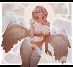 absurd_res areola big_breasts black_border border breasts feathered_wings feathers female fluffydango front_view hair hi_res humanoid looking_at_viewer mihoyo navel nipples nude one_eye_closed pink_areola pink_hair pink_nipples pubes purple_eyes remielle_dan short_hair smile solo tan_body tan_skin thick_thighs white_body white_border white_feathers wide_hips winged_humanoid wings wink winking_at_viewer zenless_zone_zero