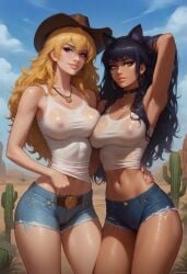 2girls ai_generated black_hair blake_belladonna blonde_hair canon_couple omegashadowz rwby yang_xiao_long yuri