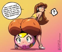 animated ass_bigger_than_head ass_shake ball_transformation big_lips bouncing_ass butt_jiggle crop_top gif huge_ass inanimate_transformation mario_(series) oblivious orange_shorts princess_daisy princess_peach shorts super_mario_bros. tail-blazer transformed voluptuous_female yoga yoga_ball yoga_pants