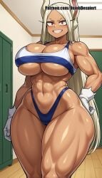 1girls 2d abs ai_generated animal_ears bangs blush boku_no_hero_academia breasts cameltoe cleavage dark-skinned_female dark_skin gloves grin hand_on_hip highleg huge_breasts indoors large_breasts long_eyelashes long_hair looking_at_viewer miruko muscular muscular_female my_hero_academia navel rabbit_ears rabbit_girl red_eyes self_upload shiny shiny_skin smile solo sports_bra standing teeth thick_thighs thighs underboob unjobdespiert usagiyama_rumi white_gloves white_hair