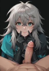 ai_generated aqua_eyes cum cum_drip cum_in_mouth cum_on_face eternal_return eternal_return:_black_survival female female_focus finger_to_mouth girl katja_(black_survival) penis smile smile_at_viewer