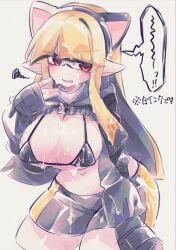 1girls bangs bikini bikini_top black_bikini black_bikini_top blunt_bangs blush cat_ears cum cum_on_body cum_on_face cum_over_body inkling inkling_girl looking_at_viewer miiinatochanowo navel nintendo pointy_ears red_eyes shorts simple_background solo solo_female solo_focus splatoon tentacle tentacle_hair white_background yellow_hair