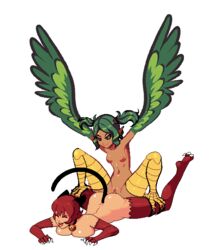 2girls animal_ears ass avian big_ass breasts breeding_season brown_eyes cat_ears closed_eyes female green_hair hair harpy large_breasts monster monster_girl multiple_girls pointy_ears red_eyes s-purple small_breasts talons wings yuri