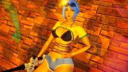 1girl aqua_(kingdom_hearts) blue_eyes blue_hair brazilian brazilian_flag dark_skin kingdom_hearts roseza see-through_bra see-through_clothing shorts sunglasses_on_head tan_body