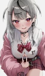 1girls blush breasts choker clothed clothing eyebrows_visible_through_hair female female_only grey_hair hair_ornament hololive hololive_japan holox huge_breasts inviting jacket kochitora_9 light-skinned_female light_skin looking_at_viewer red_eyes sakamata_chloe seductive shirt skirt solo tempting virtual_youtuber