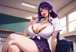 ai_generated balecxi classroom from_below genshin_impact gyaru huge_breasts leopard_print licking licking_lollipop lollipop looking_at_viewer mole_under_eye naughty_face purple_hair raiden_shogun school_uniform