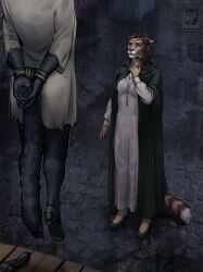 ambiguous_gender anthro arms_tied bound canid canine canis cloak clothed clothing death digital_media_(artwork) domestic_dog dress duo execution felid female footwear gallows green_eyes guro hair hanged hi_res khajiit mammal microsoft painting_(artwork) pantherine raining rope sad shoes tail techiesxc the_elder_scrolls tiger wet wet_clothing