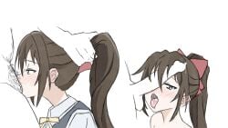 1boy absurdres blush brown_hair cum cum_in_mouth deepthroat fellatio female grabbing_another's_hair highres love_live! love_live!_nijigasaki_high_school_idol_club oral osaka_shizuku penis_on_face shizuwonderland straight tongue tongue_out