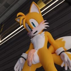 1:1 3d_(artwork) after_masturbation anthro balls blush bodily_fluids canid canine cum cum_on_penis digital_media_(artwork) fox genital_fluids genitals hi_res low-angle_view male male_only mammal miles_tails_prower penis sega solo sonic_(series) sonic_the_hedgehog_(series) standing tails tails_the_fox twintails3d