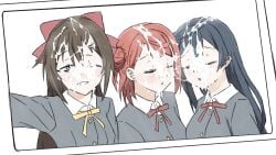 3girls absurdres after_ejaculation azuna_(love_live!) black_hair blue_eyes brown_hair bukkake closed_eyes cum cum_on_clothes cum_on_ears cum_on_hair cum_string highres love_live! love_live!_nijigasaki_high_school_idol_club multiple_girls nijigasaki_school_uniform one_eye_closed orange_hair ousaka_shizuku school_uniform selfie shizuwonderland smile straight uehara_ayumu yuuki_setsuna_(love_live!)