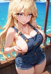 1girls ai_generated areolae big_breasts blonde_hair holding_breast holding_own_breast iowa_(kantai_collection) looking_at_viewer overalls ship_deck tagme vacoin water wide_hips