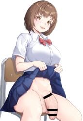 1futa balls bar_censor big_breasts big_penis bottomless breasts brown_hair censored clothed clothing flaccid futa_only futanari human light-skinned_futanari light_skin mostly_clothed partially_retracted_foreskin penis school_uniform smooth_balls smooth_penis solo tagme uncut yak1_ura