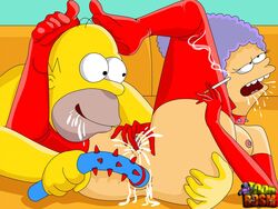 1boy 1girls anal anal_insertion areola ass_grab bald breasts collar dildo drool elbow_gloves female female_orgasm fingering gloves homer_simpson human male masturbation nipples orgasm patty_bouvier purple_hair pussy pussy_juice red_legwear sex_toy smoking squirting stockings straight the_simpsons toon_bdsm vaginal_insertion yellow_skin