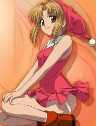 blonde_hair breasts closed_mouth dress e's feet_out_of_frame female haruyama_kazunori hat looking_at_viewer panties panties_around_legs panties_down panties_down_privates_hidden panty_pull red_dress santa_hat short_hair smile solo tokugawa_asuka underwear white_panties