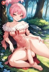 1futa ai_generated balls big_penis blush clothed cock dickgirl dr.stone feet flaccid foreskin forest futa_only futanari homura_momiji huge_cock light-skinned_futanari light_skin looking_at_viewer medium_breasts momiji_homura outdoors penis pink_eyes pink_hair precum roxygtf short_hair sitting solo