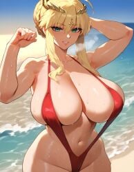 1girls ai_generated artoria_pendragon artoria_pendragon_(lancer) big_breasts blonde_hair breasts enormous_breasts fate/grand_order fate_(series) female female_focus female_only green_eyes huge_breasts large_breasts mature_female milf navel swimsuit thick_thighs thighs