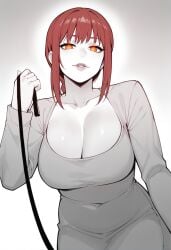 ai_generated chainsaw_man cleavage large_breasts leash lilianaa makima_(chainsaw_man) monochrome red_hair red_lipstick yellow_eyes