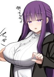 1girls 1other bangs big_breasts blunt_bangs breast breast_grab fern_(sousou_no_frieren) grabbing grabbing_another's_breast grabbing_breasts japanese_text large_breasts long_hair makochan42 offscreen_character open_mouth purple_eyes purple_hair simple_background sousou_no_frieren translation_request white_background