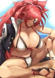 1girls absurdres baiken beach big_breasts big_hair bikini black_jacket blush breasts cleavage cross-laced_footwear day eyepatch female guilty_gear highres holding jacket large_breasts long_hair looking_at_viewer missing_eye open_clothes open_jacket outdoors ponytail red_eyes red_hair scar scar_across_eye sitting smoking_pipe solo solo_female swimsuit takagi_mitsukuni white_bikini