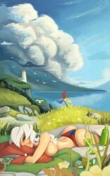 big_ass big_breasts blanket blue_eyes bottle flower grassy_field laying_down laying_on_breasts lighthouse moltenseal_(artist) nature panties seaside short_hair smile snail striped_panties sunbathing thick_ass topless video_games virtual_youtuber vtuber war_thunder white_hair white_skin