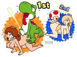 2boys 2girls accurate_art_style all_fours artstyle_imitation blonde_hair breasts brown_hair crown cum cumshot dinosaur doggy_style ejaculation female green_skin green_yoshi human interspecies male male/female mario_(series) mario_party nintendo nipples nude_female open_mouth penis princess princess_daisy princess_rosalina super_mario_bros. the_moss-man toad_(mario) yoshi