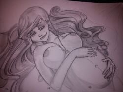 1girls ariel bad_quality belly big_belly big_breasts breasts chessasworld disney earrings female hand_on_belly linea_nigra necklace nipples on_back outie_navel pregnant solo the_little_mermaid traditional_media_(artwork)