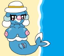 anthro big_breasts breasts brionne busty_feral digital_media_(artwork) female feral fur generation_7_pokemon genitals low_res nintendo nipples pokemon pokemon_(species) pussy simple_background smile solo zorrita_lily