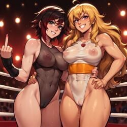 2girls ai_generated blonde_hair lavender_eyes middle_finger omegashadowz red_hair ruby_rose rwby silver_eyes sisters wrestling_ring yang_xiao_long