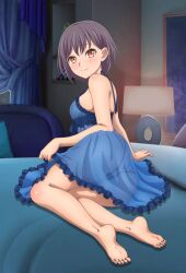 1girls bang_dream! barefoot bedroom blue_panties edit hi_res medium_breasts negligee photoshop sideboob solo solo_female solo_focus takamatsu_tomori