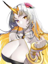 1girls bikini cleavage downdexp female fire_emblem fire_emblem_heroes flower_in_hair grey_hair gullveig_(fire_emblem) gullveig_(summer)_(fire_emblem) horn large_breasts multicolored_hair nintendo snake swimsuit yellow_eyes yellow_hair