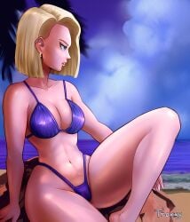 1girls android android_18 android_girl ass beach beach_background belly_button bikini blonde_female blonde_hair blonde_hair_female blue_eyes blue_eyes_female blue_sky blue_sky_background breasts cloud clouds cloudy_sky covered_nipples dragon_ball dragon_ball_super dragon_ball_z earring earrings eyelashes female gold_earring gold_earrings legs light-skinned_female light_skin lips medium_breasts medium_hair ocean ocean_background parted_lips purple_bikini purple_bikini_bottom purple_bikini_top redraw redrawn rock salvamakoto sea sea_background sitting sitting_on_rock sky swimsuit thighs troxxy water