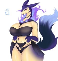 1girls 2024 anthro big_breasts female female_only fluffymonsterart generation_8_pokemon hi_res hisuian_form hisuian_typhlosion looking_at_viewer narrowed_eyes nintendo pokemon pokemon_(species) red_eyes regional_form_(pokemon) smiling smiling_at_viewer solo strip_game thick_thighs twitter_strip_game_(meme) typhlosion white_background wide_hips