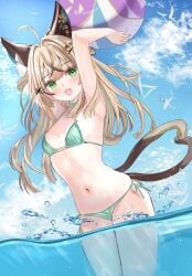 1girls 2024 2d 2d_(artwork) animal_tail arms_up ball beach_ball belly belly_button bikini bikini_bottom bikini_top blonde_hair bra cat_girl cat_tail clouds day female female_focus female_only front_view genshin_impact green_bikini green_bikini_bottom green_bikini_top green_eyes green_swimsuit high_resolution highres holding_beachball holding_object kirara_(genshin_impact) light-skinned_female light_skin long_hair looking_at_viewer mitsu336 navel nekomata ocean outdoors sky slim_girl small_breasts smiling smiling_at_viewer solo solo_female solo_focus standing standing_in_water summer swimsuit thong thong_bikini water young younger_female