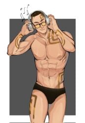 1boy chamber_(valorant) half_naked headphones male male_focus male_only pecs poocheglazic riot_games short_hair solo solo_male underwear valorant